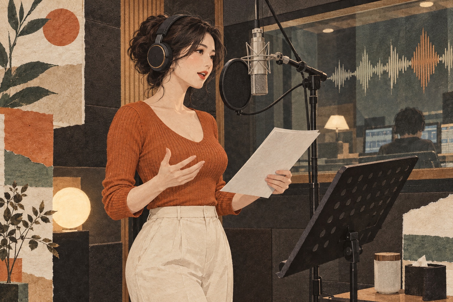 录音棚内面对话筒阅读台本的女演员插画